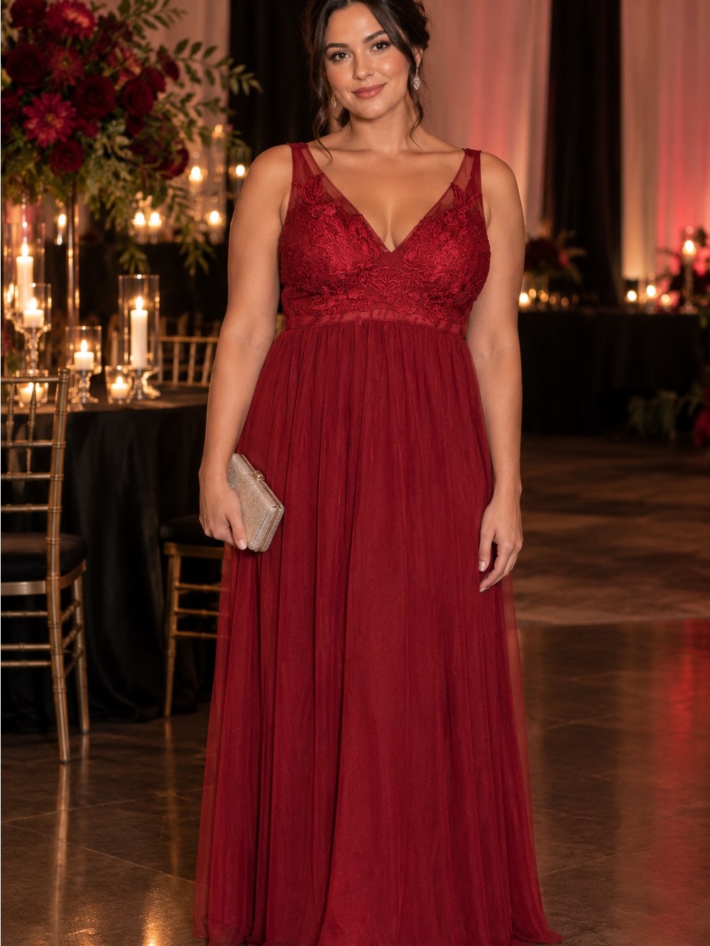 Burgundy Red Lace Maxi Dress Women’s Formal Evening Gown V-Neck Sleeveless